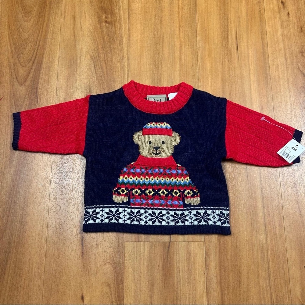 Best Buddy Vintage Baby Red and Blue Sweater with‎ Bear Design Size 3/6M